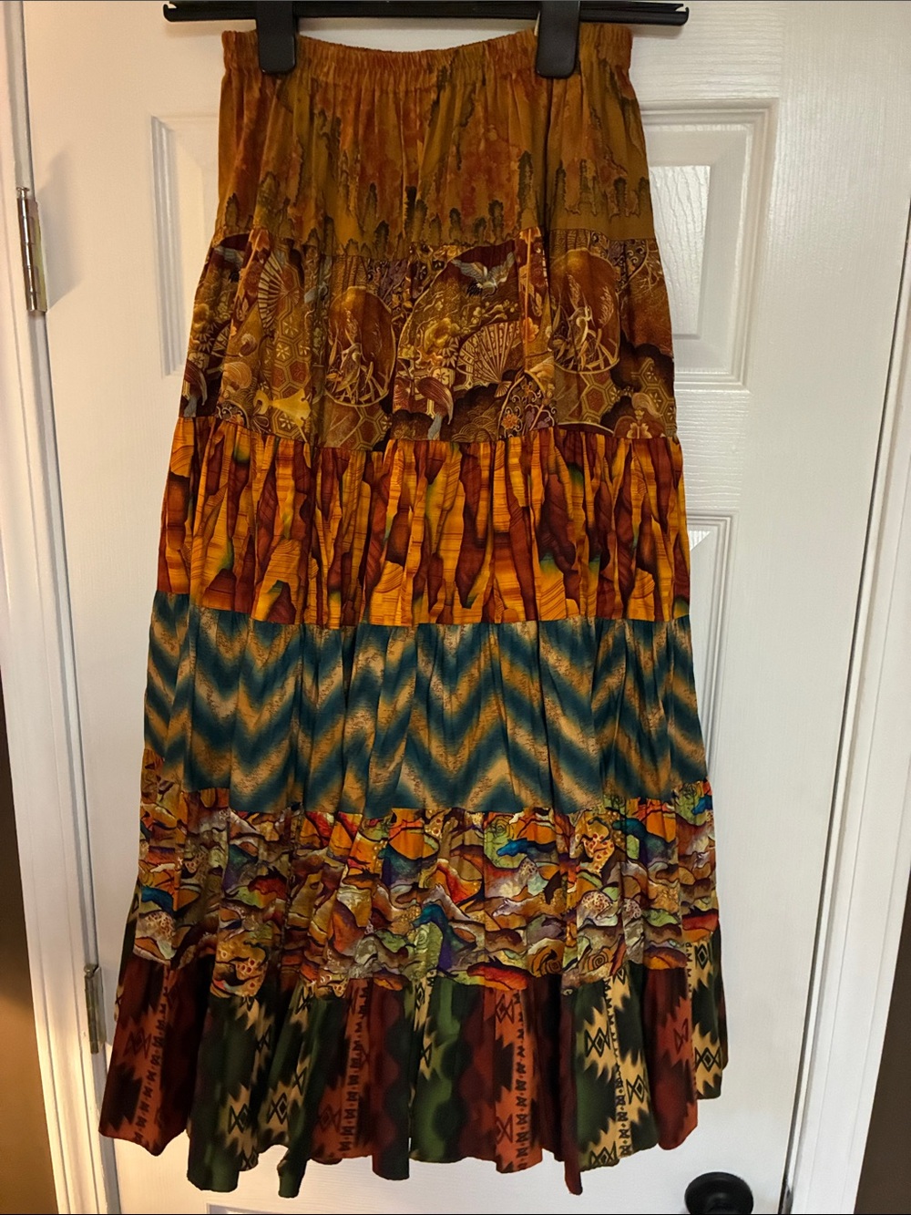 Anna Konya Vintage Boho Tiered Maxi Skirt in Mustard & Teal OS